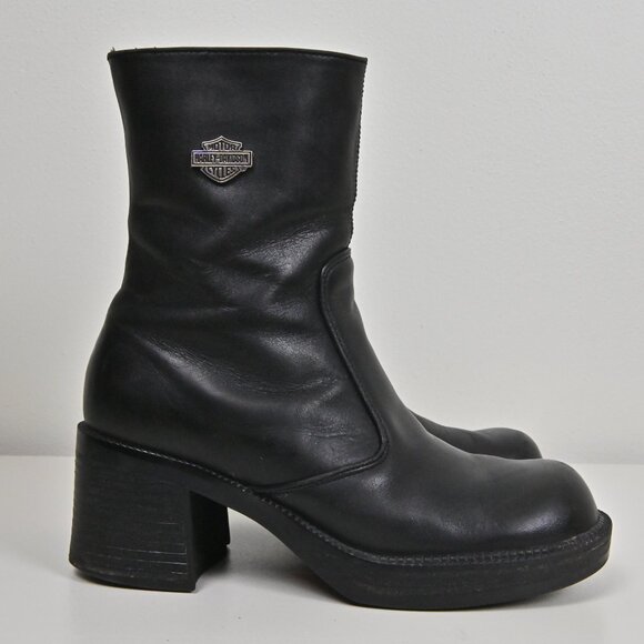 Harley Davison Leather Mid Calf Moto Biker Riding Zip Up Black Boots US6.5 UK4.5 - Picture 5 of 16